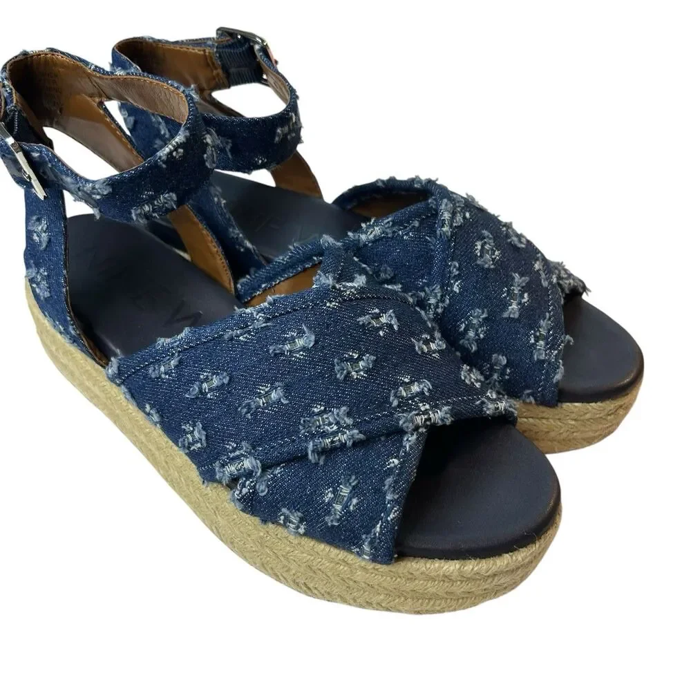 Nine West Espadrille Platform Sandals 6M Showrunner Denim Ankle Strap Open Toe